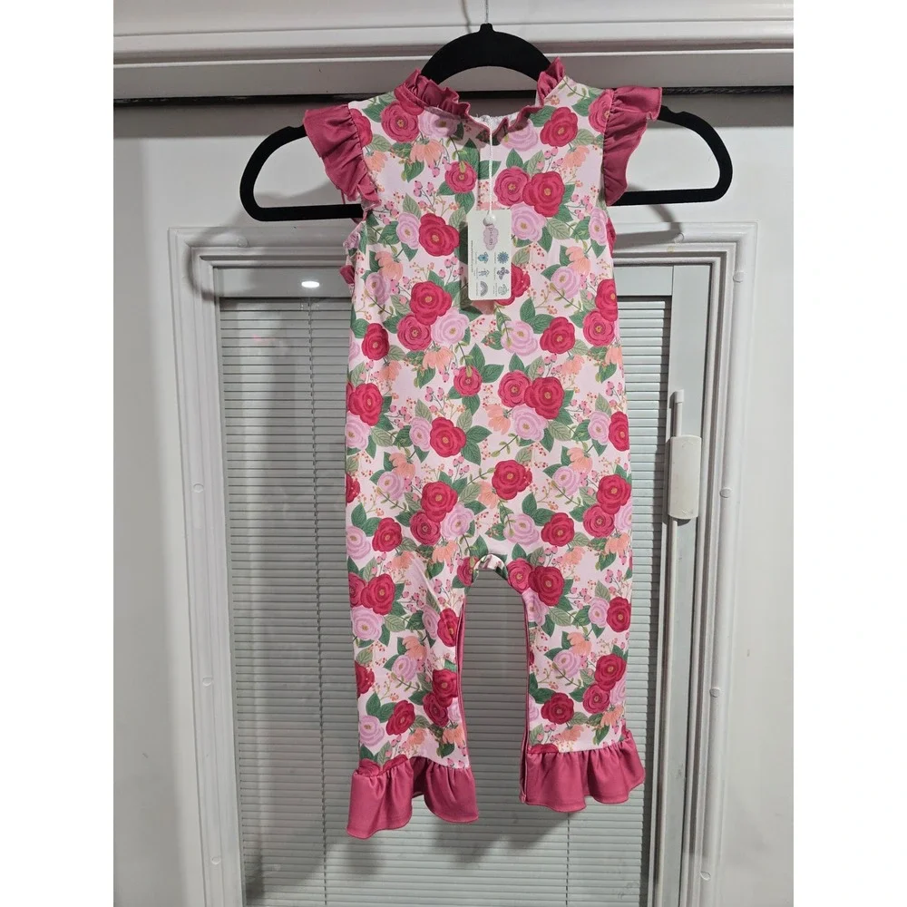 Pete + Lucy Baby Girl Pink Floral Ruffle Romper Flutter Sleeve 12-18M NWT